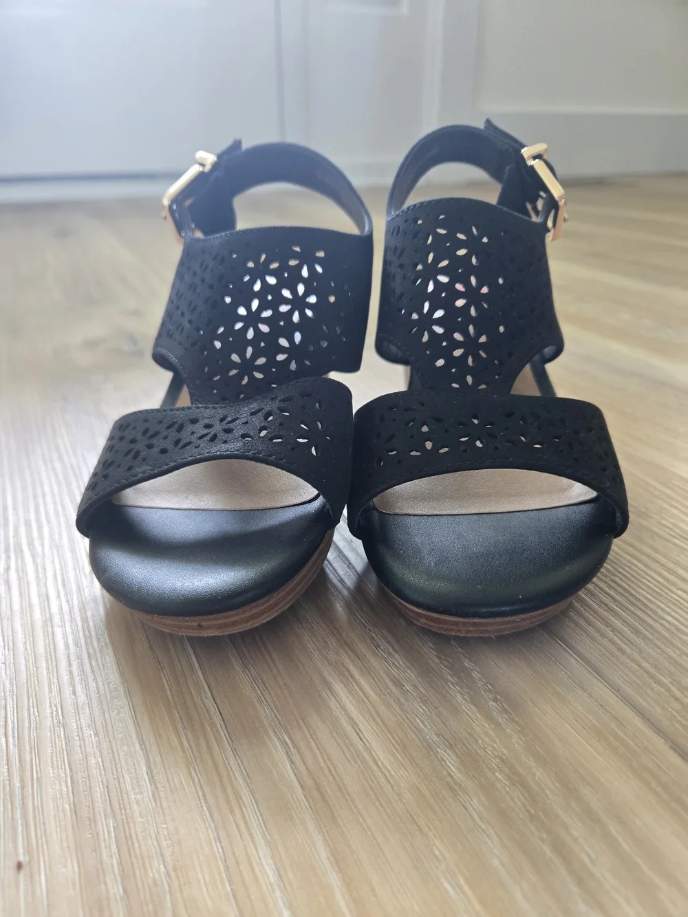 GB girls Black Laser-Cut Wedge Sandals with Gold Buckle